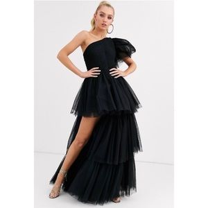 Lace & Beads One Shoulder Tulle Maxi Dress